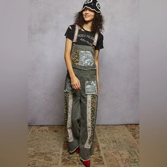 POL Patchwork Leopard Print Floral Camo Patch Boho Overalls - Picture 11 of 16